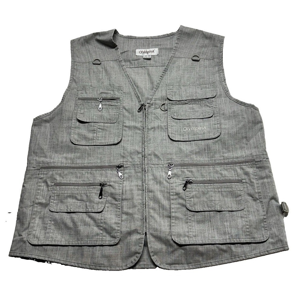 OlympinA Mens Fishing Vest 2XL Gray Multi Pocket Utility Tactical Cargo Camping